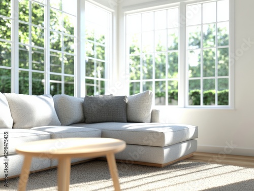 living room with couch and large windows
