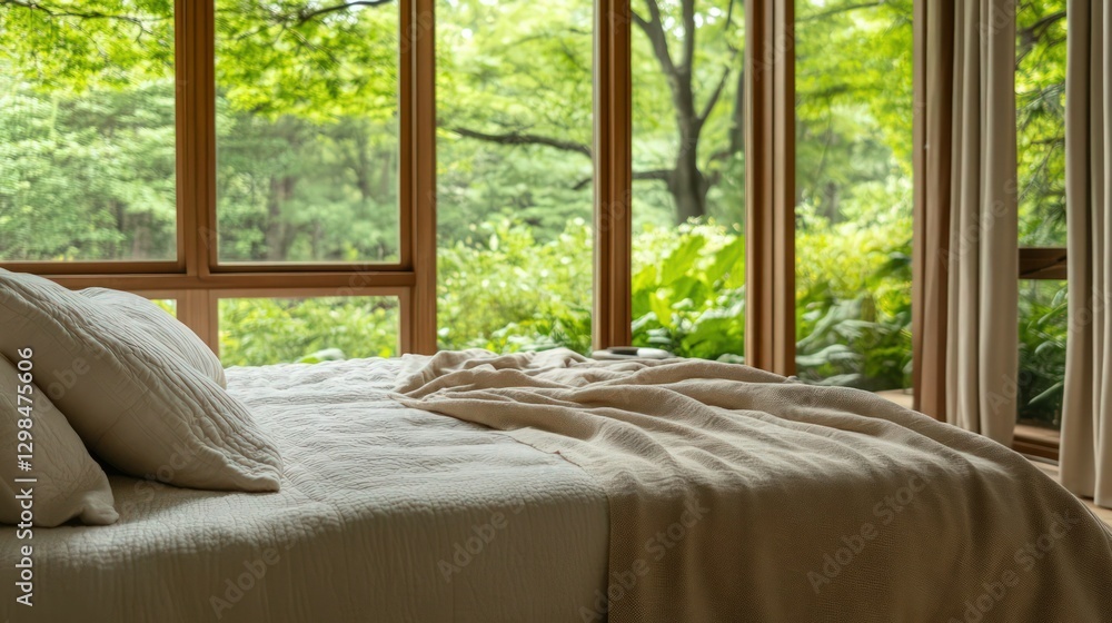 Fototapeta premium Cozy bedroom, floor-to-ceiling windows, lush green forest view, natural light, wooden frame windows, neutral bedding, peaceful atmosphere, minimalist interior, serene retreat, summer cabin feel