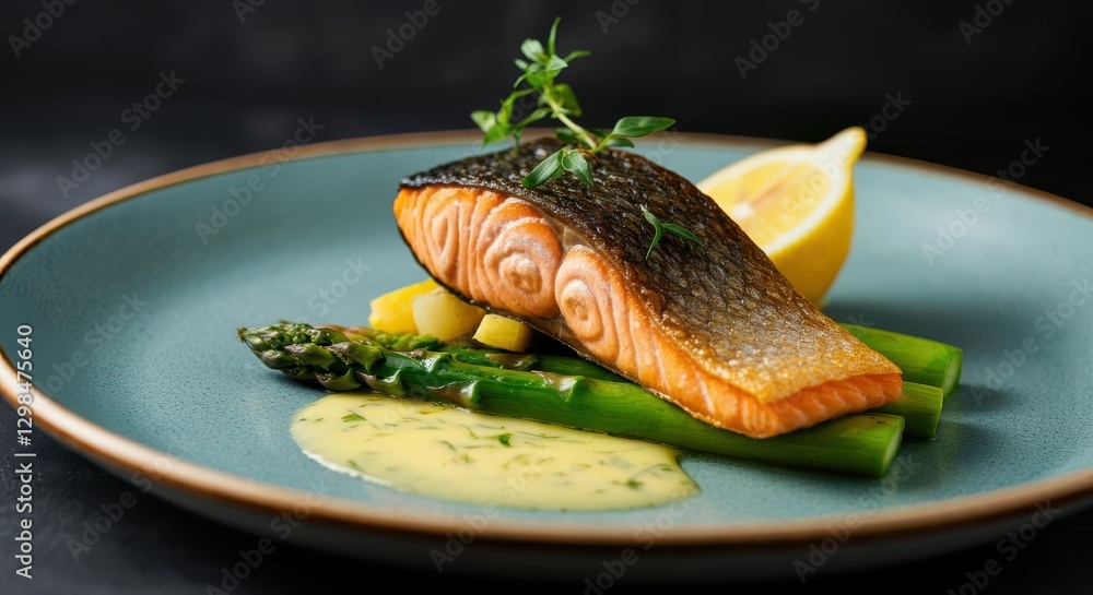 Crispy-Skinned Salmon with Thyme on Asparagus Bed and Lemon Wedge Crispy-Skinned Salmon with Thyme on Asparagus Bed and Lemon Wedge
