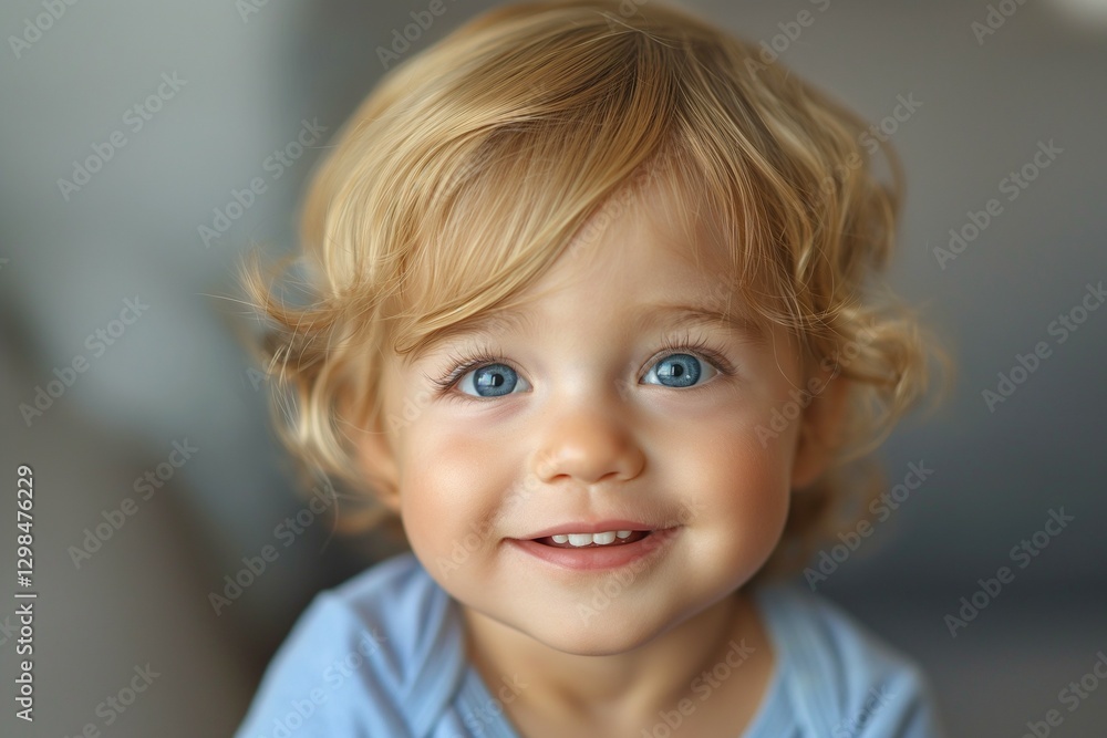 A smiling Caucasian baby with curly blonde hair and bright blue eyes, radiating joy and innocence. A smiling Caucasian baby with curly blonde hair and bright blue eyes, radiating joy and innocence.
