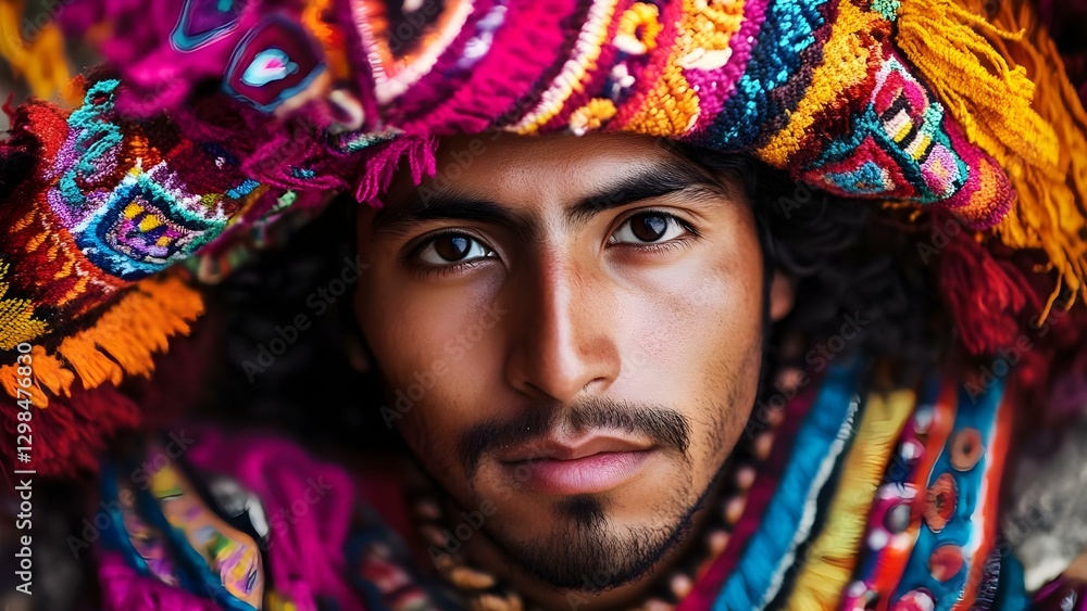A close-up portrait of a young man wearing a colorful traditional hat and vibrant clothing, showcasing intricate patterns. Concept Cultural Fashion, Traditional Attire, Colorful Patterns A close-up portrait of a young man wearing a colorful traditional hat and vibrant clothing, showcasing intricate patterns. Concept Cultural Fashion, Traditional Attire, Colorful Patterns
