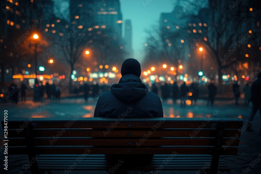 A lone figure sits on a park bench at night, surrounded by city lights and blurred figures. A lone figure sits on a park bench at night, surrounded by city lights and blurred figures.