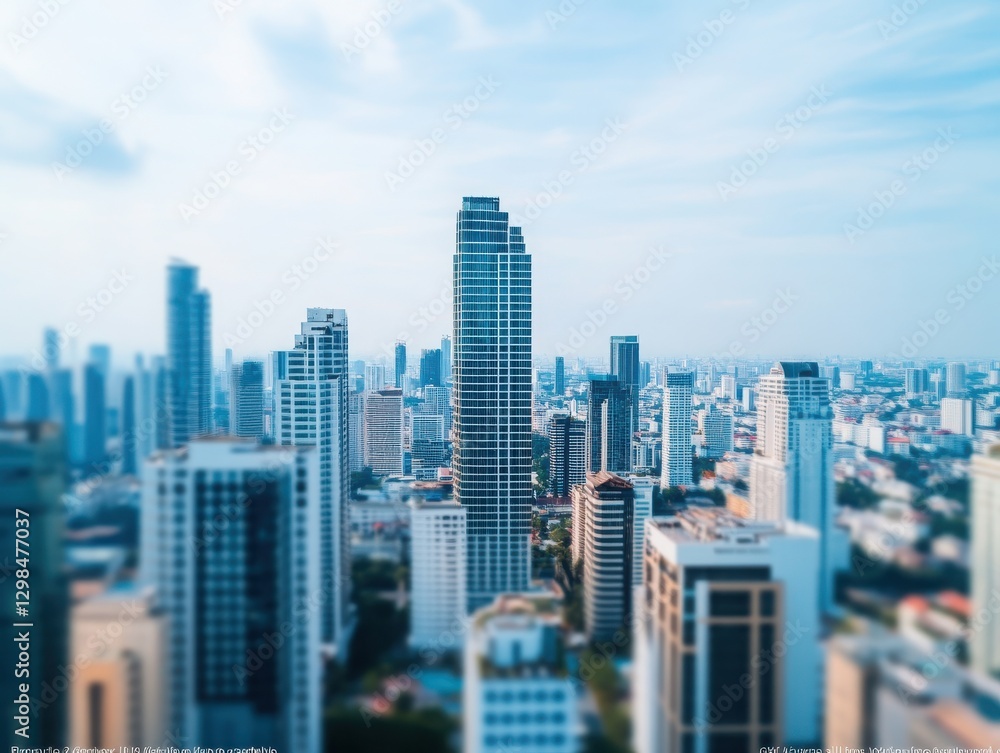 Fototapeta premium A city skyline featuring modern buildings against a clear sky. Ideal for showcasing urban landscapes and architectural beauty.