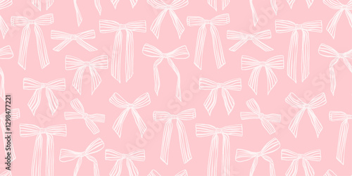 Pink Background with White Bows. Cute Seamless Vector Pattern