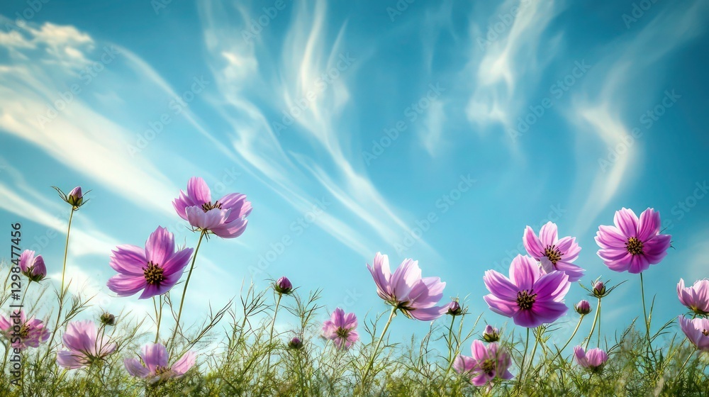 Vibrant cosmos flowers, Low angle view, Soft focus, Dreamy atmosphere, Wispy cirrus clouds, Brilliant blue sky, Sunlit petals, Delicate stems, Wildflower meadow, Summer day, Ethereal landscape Vibrant cosmos flowers, Low angle view, Soft focus, Dreamy atmosphere, Wispy cirrus clouds, Brilliant blue sky, Sunlit petals, Delicate stems, Wildflower meadow, Summer day, Ethereal landscape