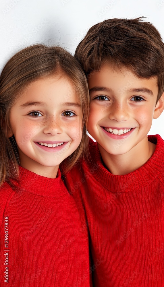 Portrait of Two Cute Children, Brother and Sister, Sharing a Happy Smile on White Background Portrait of Two Cute Children, Brother and Sister, Sharing a Happy Smile on White Background
