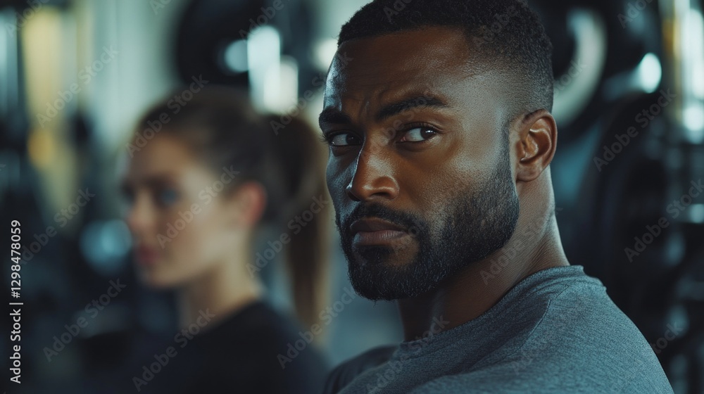 A man with a muscular build displays intense focus while training in a vibrant gym. His expression reveals determination as he engages in strength training alongside a woman nearby A man with a muscular build displays intense focus while training in a vibrant gym. His expression reveals determination as he engages in strength training alongside a woman nearby