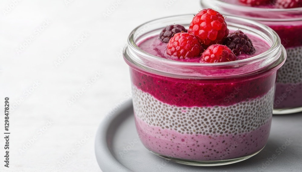 A delicious layered dessert in a jar featuring chia seeds, creamy yogurt, and fresh raspberries. Perfect for healthy snacking. A delicious layered dessert in a jar featuring chia seeds, creamy yogurt, and fresh raspberries. Perfect for healthy snacking.
