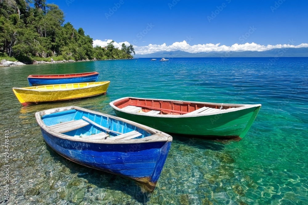 A calm coastal bay with small wooden boats gently floating on the water A calm coastal bay with small wooden boats gently floating on the water