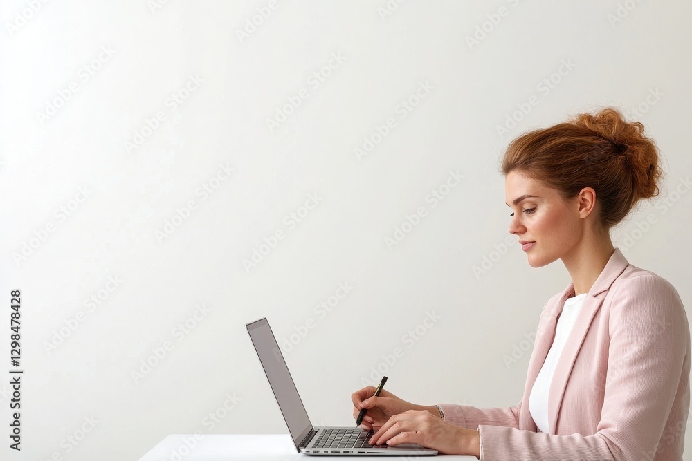 A focused businesswoman works on her laptop, showcasing professionalism and dedication in a modern workspace. A focused businesswoman works on her laptop, showcasing professionalism and dedication in a modern workspace.