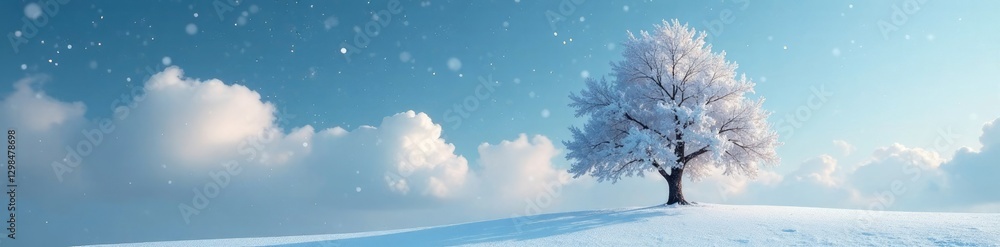 A white and black cloud formation drifting above a snowy tree, dreamy, snowflakes