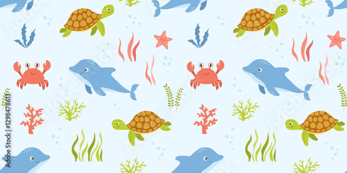 Seamless pattern with sea animals, underwater life, vector illustrations on white background. Nautical repeating design for nursery