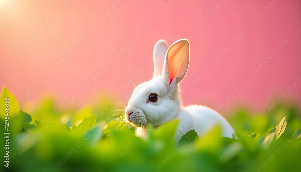 Obraz premium Peeking into Spring Floral Bunny Ears & Vibrant Greenery, Easter bunny banner, creating cheerful and whimsical scene, created with generative ai