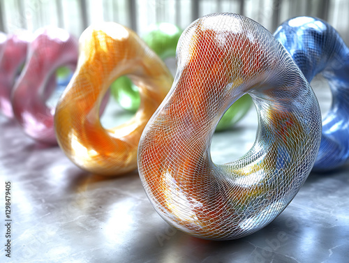 Abstract colorful glass sculptures with a netlike texture, creating a modern and artistic image. Ideal for design, technology, and artrelated projects. photo