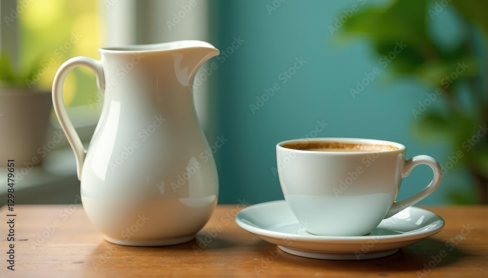 Fototapeta premium Colorful milk jug and cup of coffee on a wooden table, morning, still life