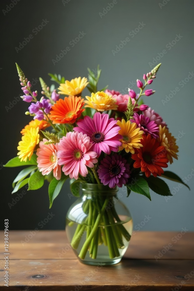 Colorful mixed flower bouquet on a wooden table, centerpiece, mixed flowers, flowers Colorful mixed flower bouquet on a wooden table, centerpiece, mixed flowers, flowers
