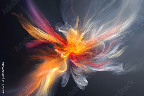 An abstract digital painting of an explosion, with vibrant colors and fluid shapes creating dynamic movement in the center of the composition.