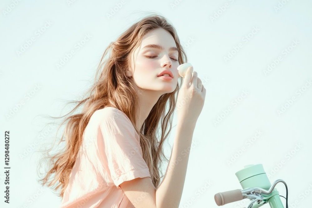A young woman with long blonde hair gently holds a white flower to her face, bathed in soft sunlight. A young woman with long blonde hair gently holds a white flower to her face, bathed in soft sunlight.