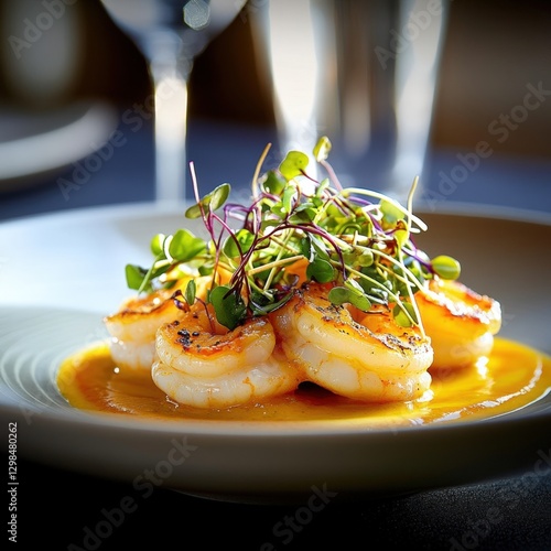 Grilled shrimp dish with microgreens and sauce