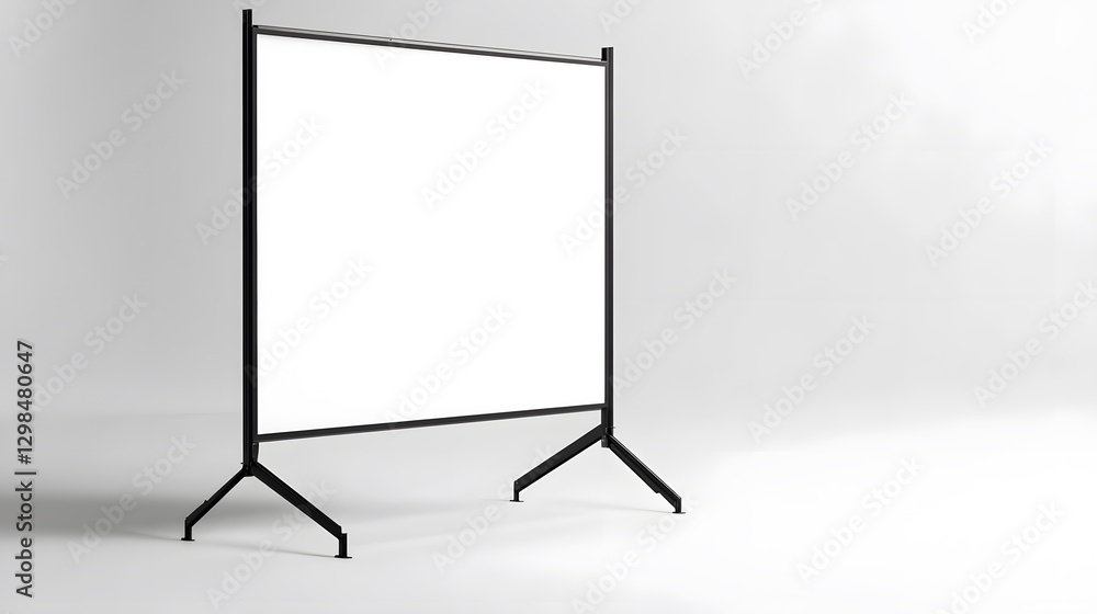 A blank presentation screen held up by a black metal frame A blank presentation screen held up by a black metal frame