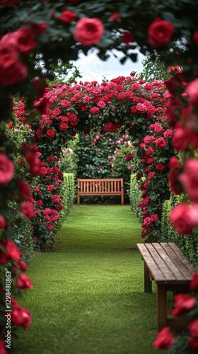 Rose Garden Path With Wooden Bench
