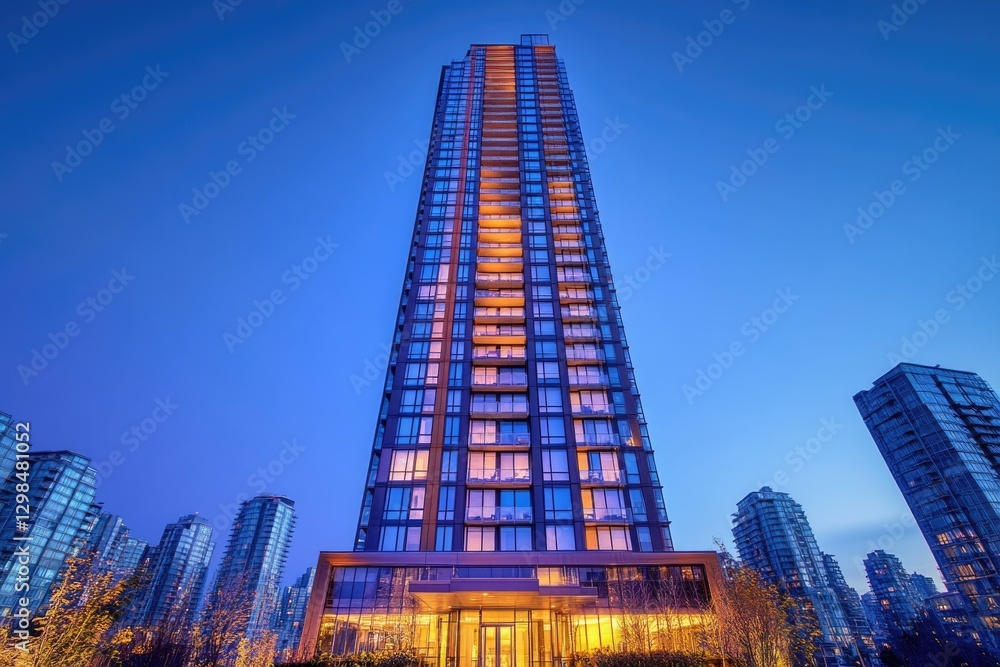 Obraz premium A modern high-rise residential building illuminated at twilight, surrounded by other city buildings.