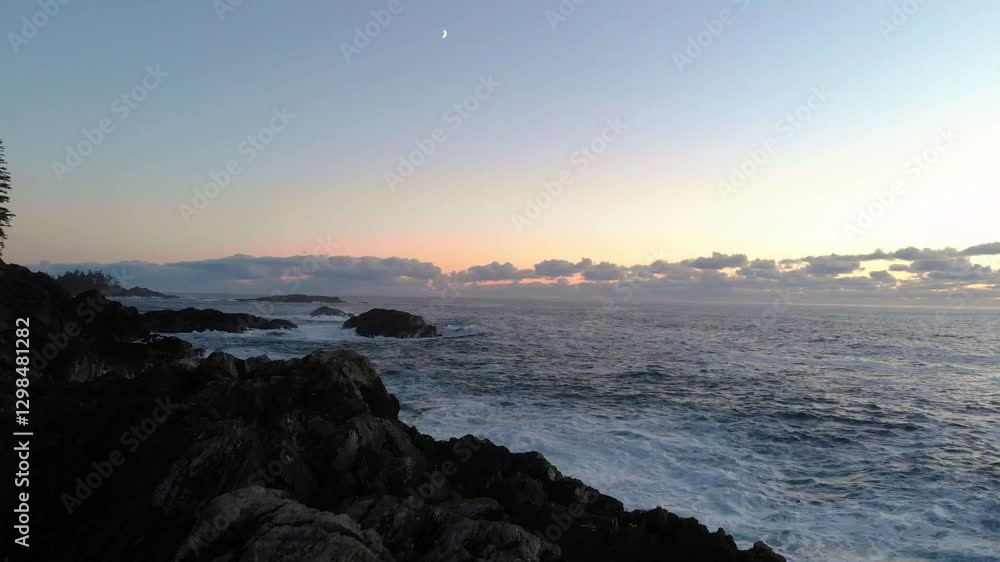 Aerial Drone View of Tofino Coastline at Sunset, British Columbia Aerial Drone View of Tofino Coastline at Sunset, British Columbia