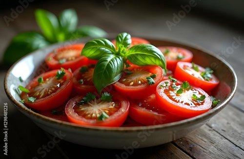 A classic French salade de tomates a simple salad of fresh tomatoes basil and olive oil.