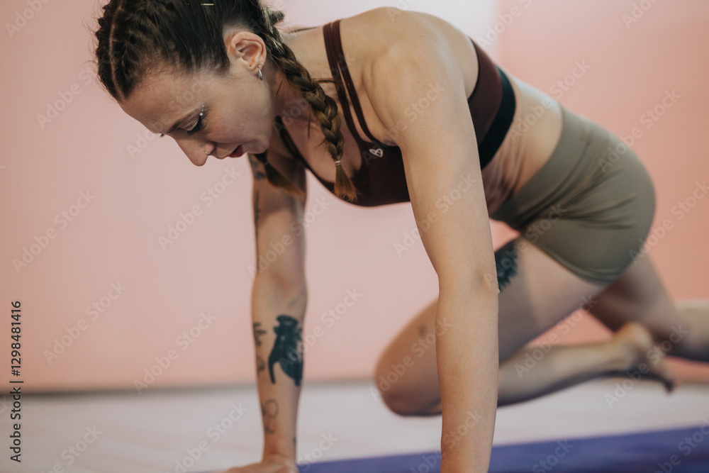 Athletic woman practicing a plank pose during a fitness routine on a mat Athletic woman practicing a plank pose during a fitness routine on a mat