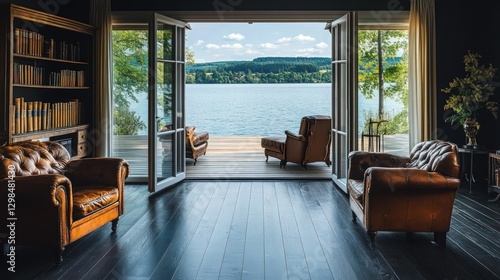 Luxurious lakeside living room, large open windows, panoramic water view, leather armchairs, wooden bookshelves, hardwood floors, cozy reading nook, natural light, serene atmosphere