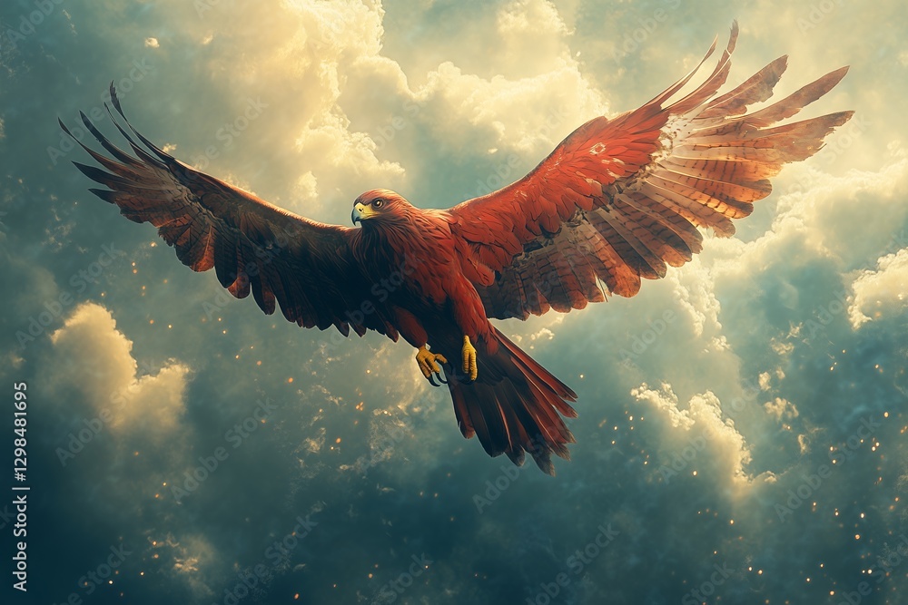 Obraz premium Majestic Hawk Soars Through Dramatic Clouds During the Golden Hour Over a Stunning Landscape