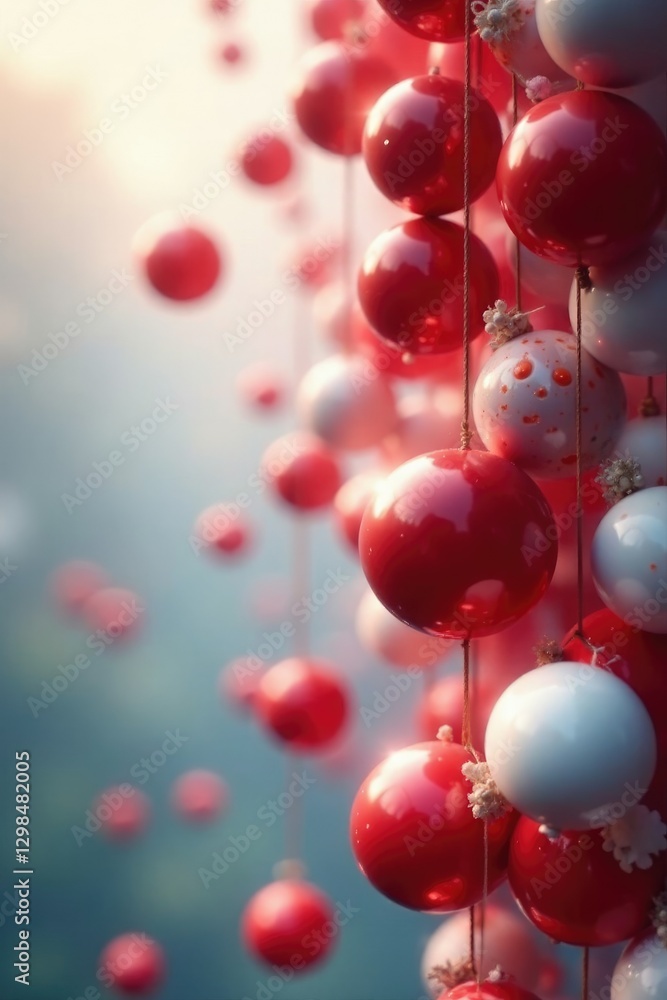 Hanging red and white spheres with a soft focus effect, light, spheres Hanging red and white spheres with a soft focus effect, light, spheres