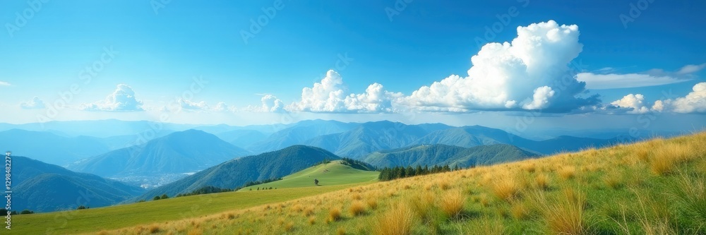 High altitude landscape with vast expanse of blue sky and few puffy white clouds, Expanse, Peaceful High altitude landscape with vast expanse of blue sky and few puffy white clouds, Expanse, Peaceful