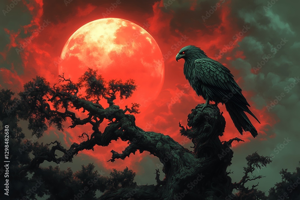 Fototapeta premium Mysterious Raven Perched on Gnarled Tree Under a Blood-Red Moon Illuminating the Night Sky