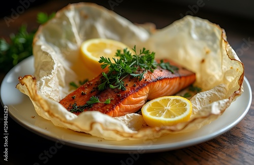 A plate of French style salmon en papillote baked in parchment paper with herbs and lemon.