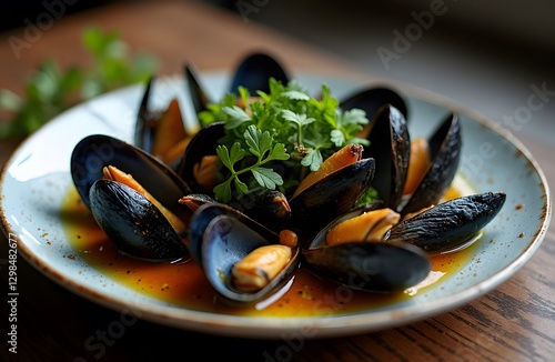A plate of moules marinières mussels in white wine garlic and herbs.