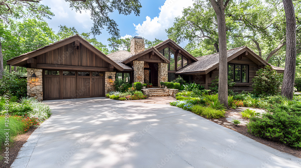 Charming rustic home surrounded by lush greenery and a clear blue sky Charming rustic home surrounded by lush greenery and a clear blue sky