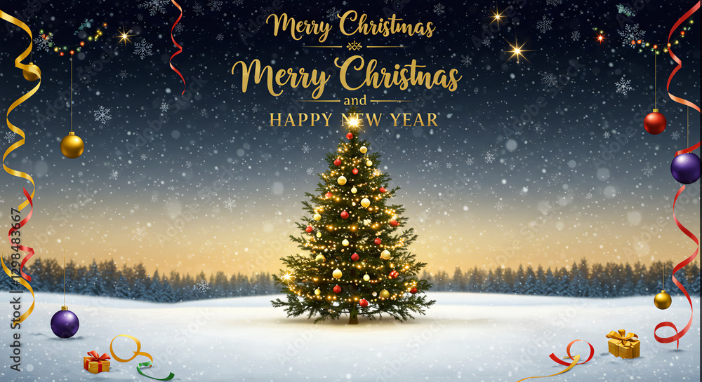 Merry Chrismas Greeting Card Poster Whimsical Tree Glowing ornament light Merry Chrismas Greeting Card Poster Whimsical Tree Glowing ornament light
