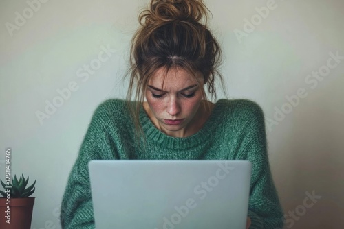 Young woman with messy bun intensely focused on her laptop screen, seemingly engrossed in work or online activity.