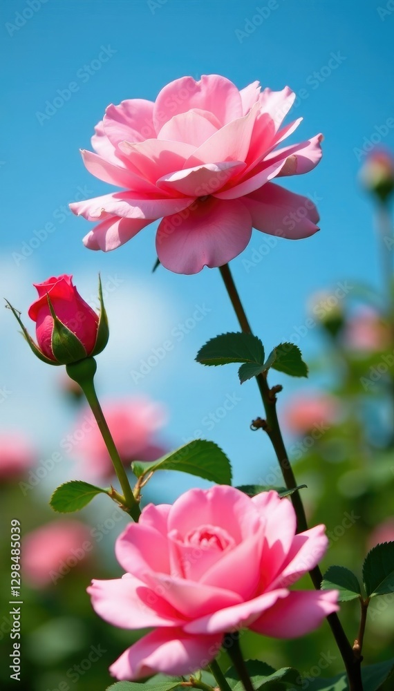 Pink rose flowers in full bloom against a clear blue sky, sky, natural, garden