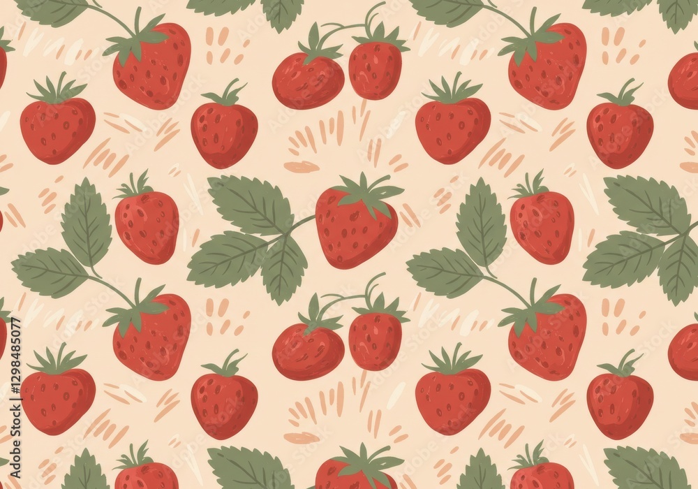 Vibrant strawberry pattern, botanical illustration, red fruit, green leaves, seamless background, cheerful design, summer motif, fresh and juicy, textured appearance Vibrant strawberry pattern, botanical illustration, red fruit, green leaves, seamless background, cheerful design, summer motif, fresh and juicy, textured appearance