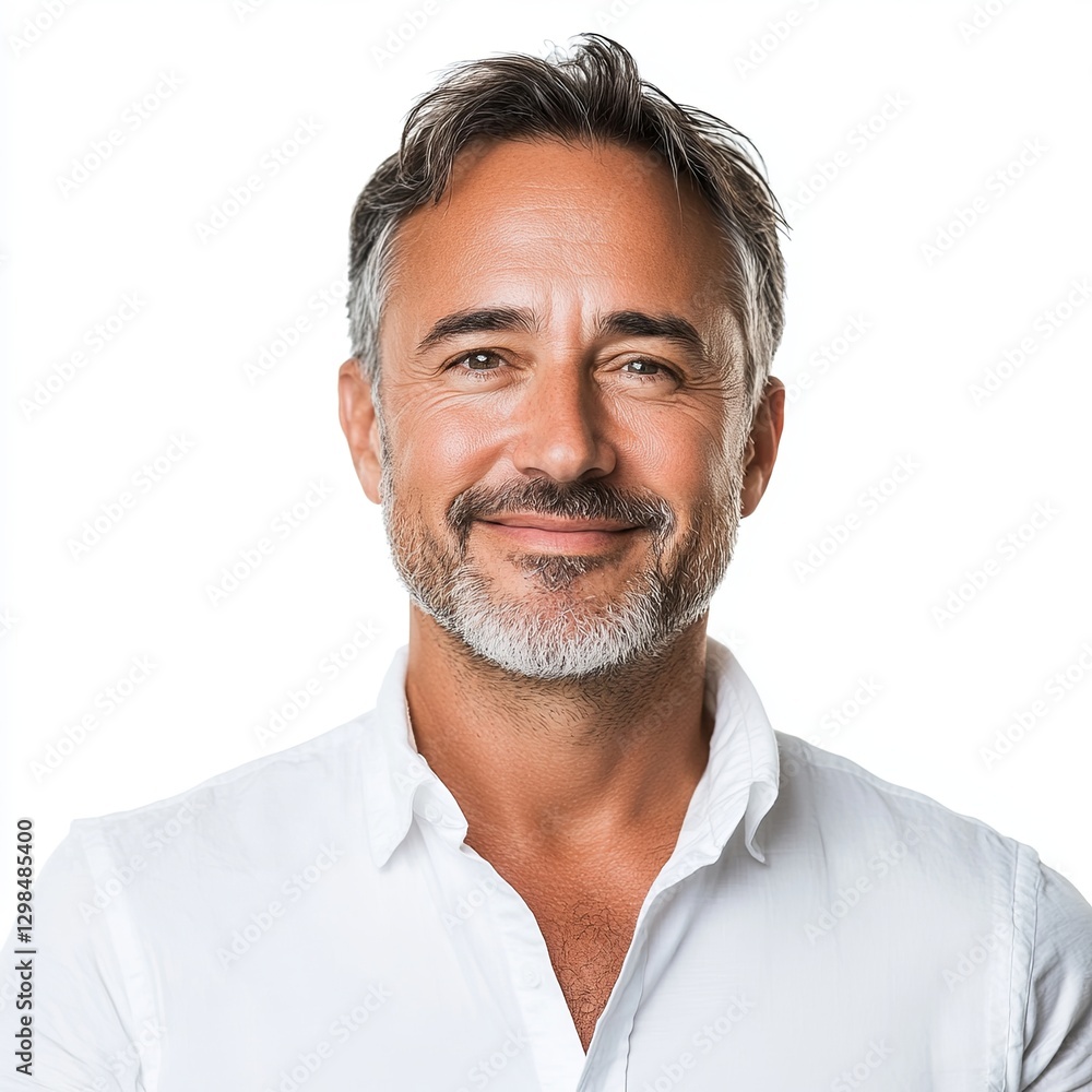 Fototapeta premium Middle age businessman in white business shirt. Casual entrepreneur. Portrait of mid adult, mature age man, happy smiling. Isolated on white, copy space.