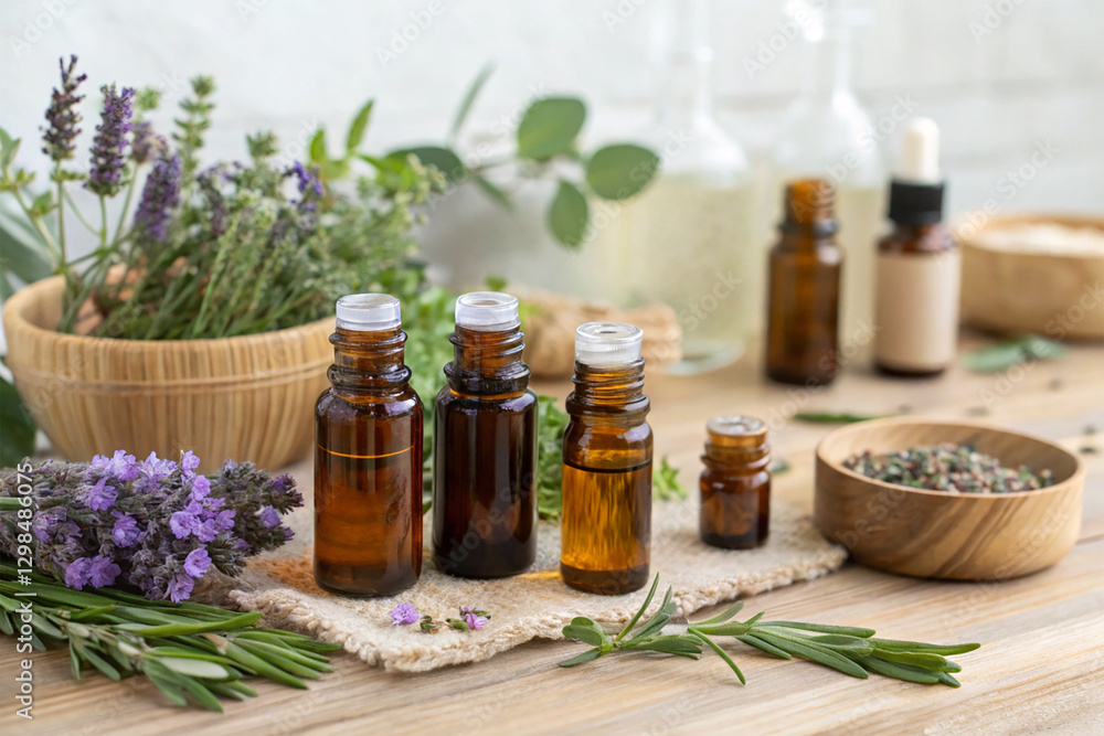 Essential oil bottles with complementary herbs Essential oil bottles with complementary herbs