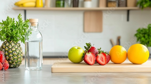 Wallpaper Mural self-care routines nutrition detox. A fresh assortment of fruits and vegetables on a kitchen countertop, featuring green apples, strawberries, oranges, and a bottle of water. Torontodigital.ca