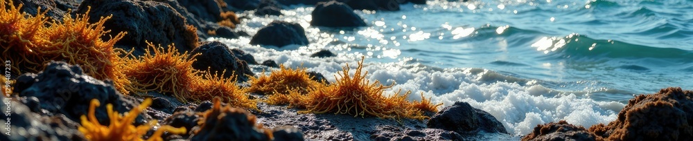 Seaweed swaying on a rocky volcanic shoreline, fumaroles, brown rocks Seaweed swaying on a rocky volcanic shoreline, fumaroles, brown rocks