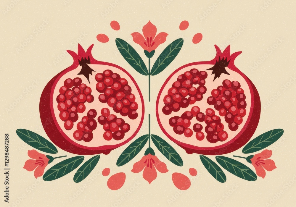 Stylized pomegranate illustration, flat design, vibrant red fruits, cross-section view, green leaves, pink flowers, botanical motif, symmetrical composition Stylized pomegranate illustration, flat design, vibrant red fruits, cross-section view, green leaves, pink flowers, botanical motif, symmetrical composition