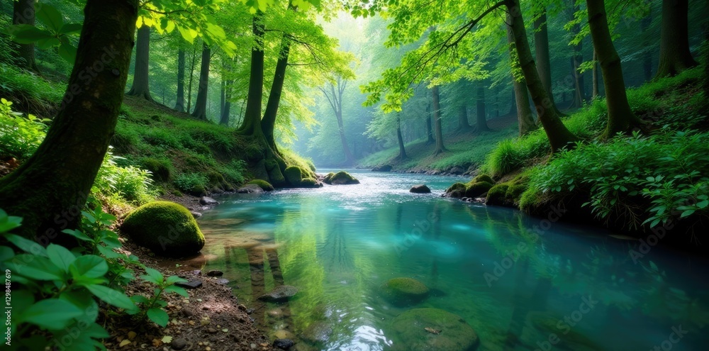 Obraz premium Serene forest river with clear blue water and lush greenery, trash, nature