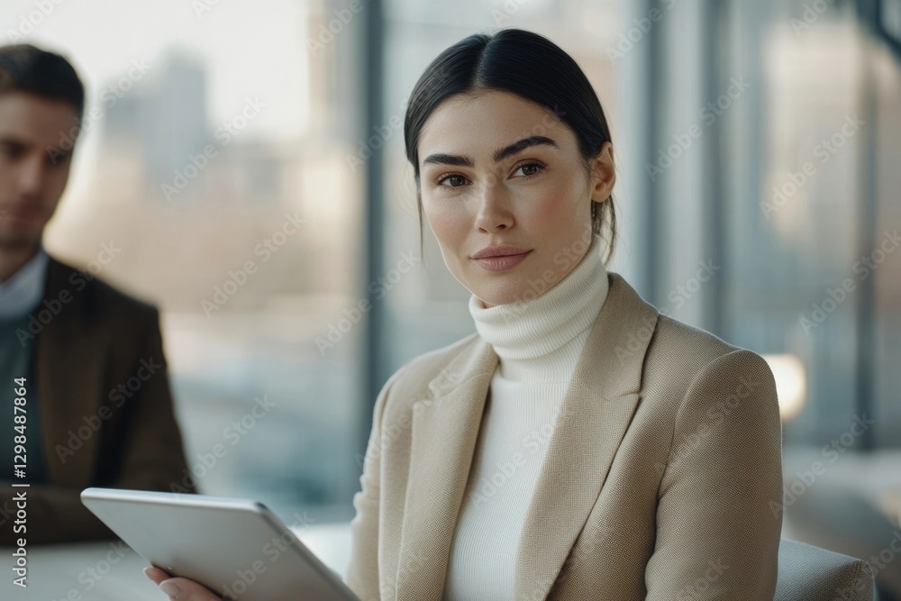 Confident businesswoman using tablet, showcasing professionalism and modern workplace success. Confident businesswoman using tablet, showcasing professionalism and modern workplace success.