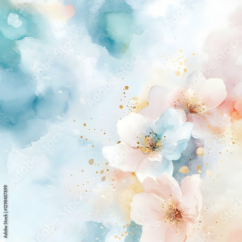 Watercolor background with soft pastel colors, flowers and clouds, dots and swirls, light pink, blue, gold, and white colors