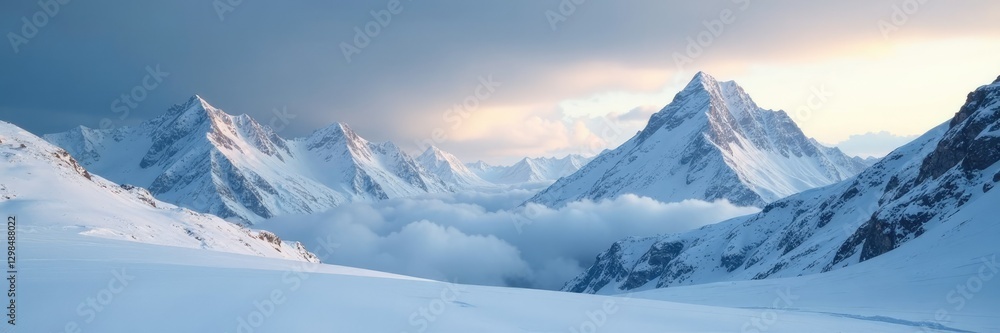 Obraz premium Serene landscape of snow-capped mountains under a cloudy sky with silvery light filtering through the gaps, frosty morning, cloudy sky